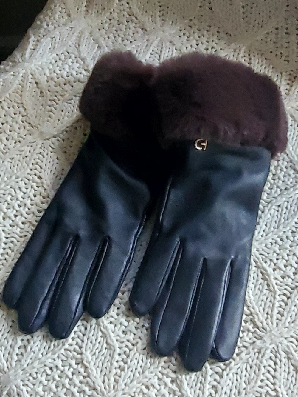 Cole Haan Leather Gloves with Fur Cuff and Gold Logo